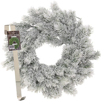 Kerstkrans 35 cm - groen - besneeuwd - met messing zilveren hanger/ophanghaak - kerstversiering