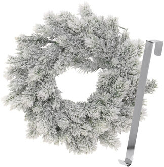 Kerstkrans 35 cm - groen - besneeuwd - met zilveren hanger/ophanghaak - kerstversiering - Kerstkransen