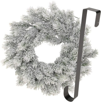 Kerstkrans 35 cm - groen - besneeuwd - met zwarte hanger/ophanghaak - kerstversiering