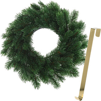 Kerstkrans 35 cm - groen - met gouden hanger/ophanghaak - kerstversiering - Kerstkransen