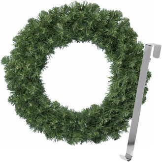 Kerstkrans 35 cm - groen - met zilveren hanger/ophanghaak - kerstversiering