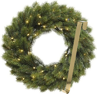Kerstkrans 40 cm - groen met led - met gouden hanger/ophanghaak - kerstversiering
