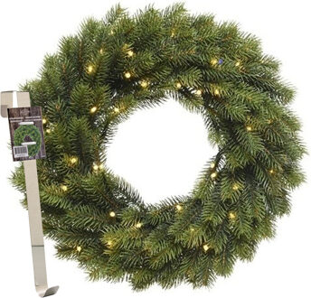 Kerstkrans 40 cm - groen met led - met messing zilveren hanger/ophanghaak - kerstversiering