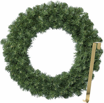 Kerstkrans 50 cm - groen - met gouden hanger/ophanghaak - kerstversiering