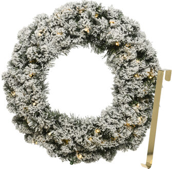 Kerstkrans 50 cm - groen met led - besneeuwd - met gouden hanger/ophanghaak