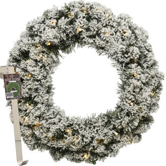Kerstkrans 50 cm - groen met led - besneeuwd - met messing zilveren hanger/ophanghaak