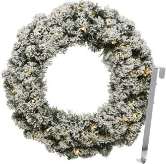 Kerstkrans 50 cm - groen met led - besneeuwd - met zilveren hanger/ophanghaak