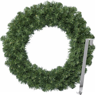 Kerstkrans 50 cm - groen - met zilveren hanger/ophanghaak - kerstversiering