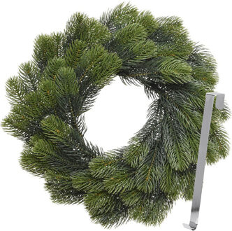 Kerstkrans 50 cm - groen - met zilveren hanger/ophanghaak - kerstversiering