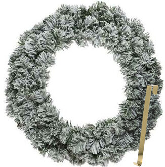 Kerstkrans 60 cm - groen - besneeuwd - met gouden hanger/ophanghaak - kerstversiering