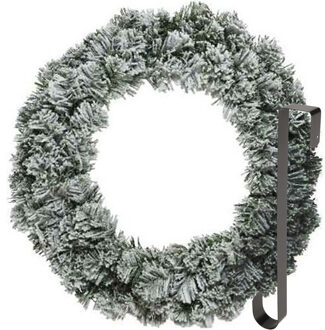 Kerstkrans 60 cm - groen - besneeuwd - met zwarte hanger/ophanghaak - kerstversiering
