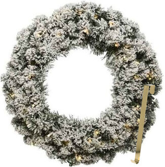 Kerstkrans 60 cm - groen met led - besneeuwd - met gouden hanger/ophanghaak