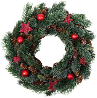Kerstkrans gedecoreerd - D34 x 8 cm - rood - kunststof
