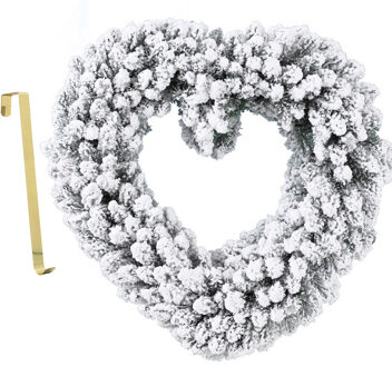 Kerstkrans hart vorm met sneeuw 50 cm kunststof incl. deurhanger