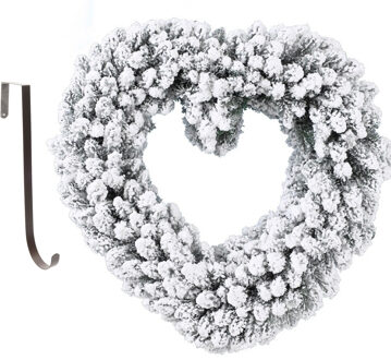Kerstkrans hart vorm met sneeuw 50 cm kunststof incl. deurhanger