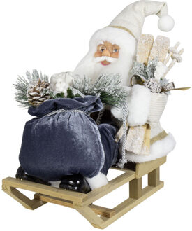 Kerstman beeld - H45 cm - wit - zittend op slee - kerstpop - Kerstman pop