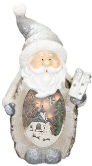 Kerstman Decoratie Figuur met LED-verlichting 52cm Warm wit met grijze hoed en sjaal, houten look Zilverkleurig