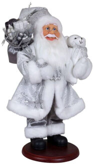 Kerstman decoratie pop Hans - op plateau - H45 cm - zilver met wit - staand - kerstbeeld - kerst fig