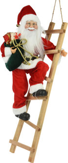 Kerstman decoratie pop - op ladder - L26 x B25,5 x H65 cm - rood - kerst - figuur - beeld