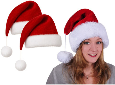 Kerstman muts - 2x - of - Kerstmuts - rood - pluche - met grote pompom - voor volwassenen