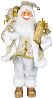 Kerstman pop Fredrik - H60 cm - wit/goud - staand - kerst beeld -decoratie figuur Goudkleurig