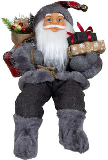 Kerstman pop Joris - H45 cm - grijs - zittend - kerstman beeld - decoratie figuur