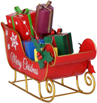 Kerstman slee - decoratie beeld - 27 cm - LED verlichting - metaal