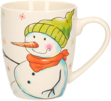 Kerstmok/wintermok sneeuwpop met groene muts en oranje sjaal van poreselein 10 cm