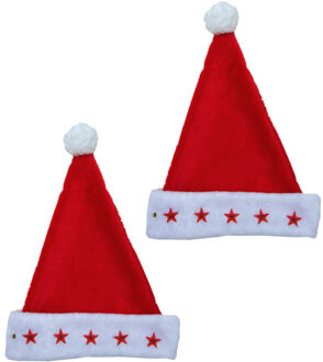 Kerstmuts - 2x stuks - met lichtjes - 3D sterren - polyester - volwassenen