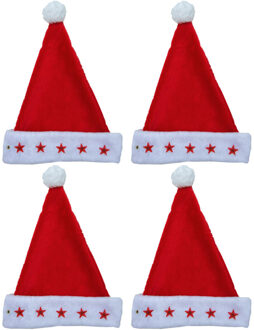 Kerstmuts - 4x stuks - met lichtjes - 3D sterren - polyester - volwassenen