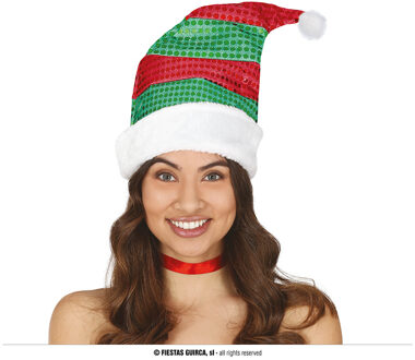 Kerstmuts Groen/Rood Pailletten Multikleur - Print