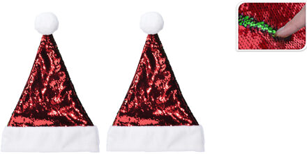 Kerstmuts met pailletten in het rood - 2x stuks - wrijfbaar - verander pailletjes - polyester - volw