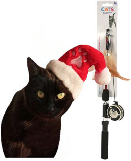 Kerstmuts rood - met speelgoed hengel - voor katten/poezen - kerstcadeau