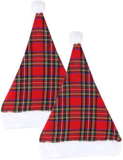 Kerstmutsen - 2x st - rood geruit - 30 x 40 cm - polyester - volwassenen