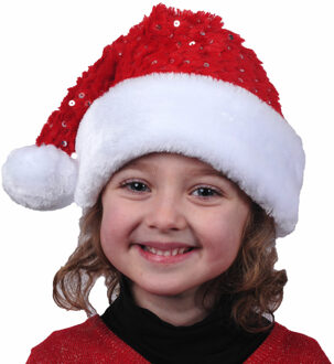 Kerstmutsen - 2x st - rood met pailletten- polyester - voor kinderen
