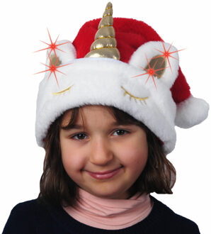 Kerstmutsen - 2x stuks - rood - eenhoorn - met licht - voor kinderen