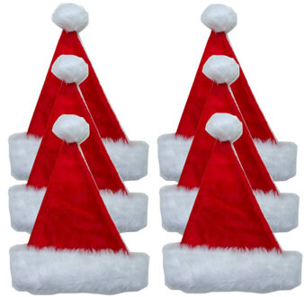 Kerstmutsen - 6x - rood - met nepbont - pluche - polyester - volwassenen