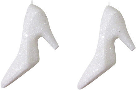 Kerstornament - 4x - pump - wit - glitter - 10 cm - kunststof - schoen - hakken - kerstversiering