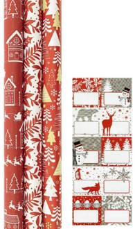 Kerstpapier - Cadeaupapier - Inpakpapier - Pakpapier - 3-pak -ROOD - Plus Naamlabels - 2mx70cm - Kerst