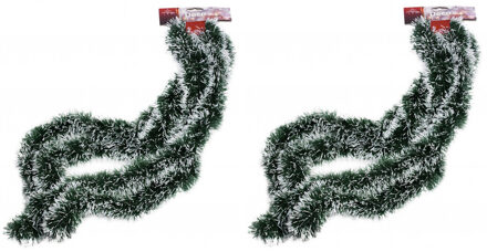 Kerstslinger - 2x - groen - met sneeuw - 270 cm - folie/lametta - slinger - kerstversiering