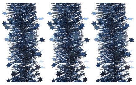 Kerstslinger - 3x - sterren - donkerblauw - 270 x 10 cm - lametta/folie - kerstboomslinger