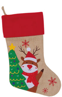 Kerstsok - beige/rood - met rendier print - 46 cm