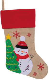 Kerstsok - beige/rood - met sneeuwpop print - 46 cm