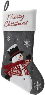 kerstsok - grijs - met sneeuwpop - H45 cm - velvet - Merry Christmas