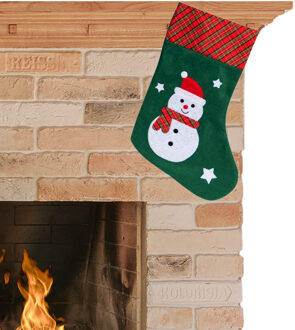 Kerstsok groen/rood met sneeuwpop H45 cm kerstversiering/kerstdecoratie