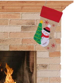 Kerstsok kerstversiering beige/rood met sneeuwpop print 46 cm