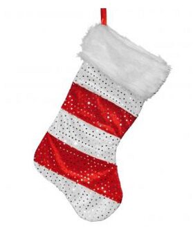Kerstsok - rood/wit - 43 cm - pluche polyester - kerstversiering Multi