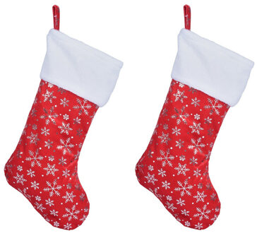 Kerstsokken - 2x - rood - met sneeuwvlokken opdruk - 42 cm
