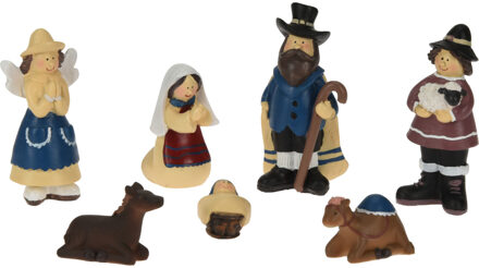 Kerststal figuren - 7-delig - polystone - ca. 9 cm - kinder kerststal beelden/kerstbeeldjes Multi
