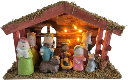 Kerststal voor kinderen - met beeldjes en led verlichting - 28 x 10 x 17 cm - kinder/kinderkamer ker